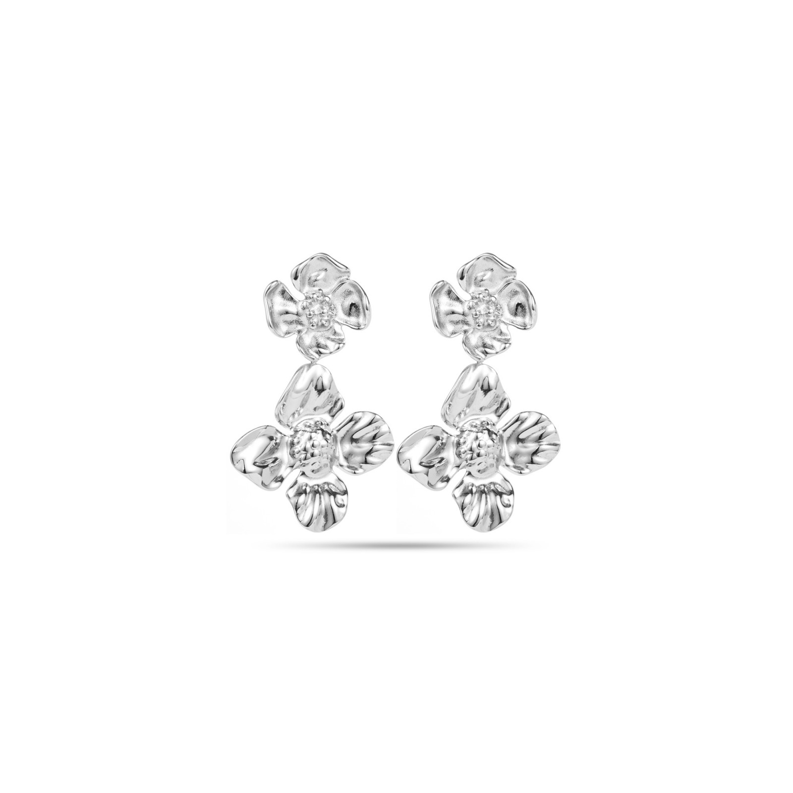 Boucles d'Oreilles Double Fleurs Pendantes Couleur:Argent