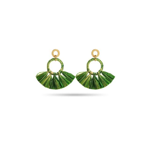 Raffia Circle Earrings with Braids Color:Green