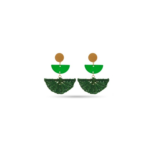 Boucles d'Oreilles Eventail Nacre et Raphia Couleur:Vert