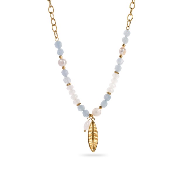 Feather Necklace with Colored Glass Pearls Color:White