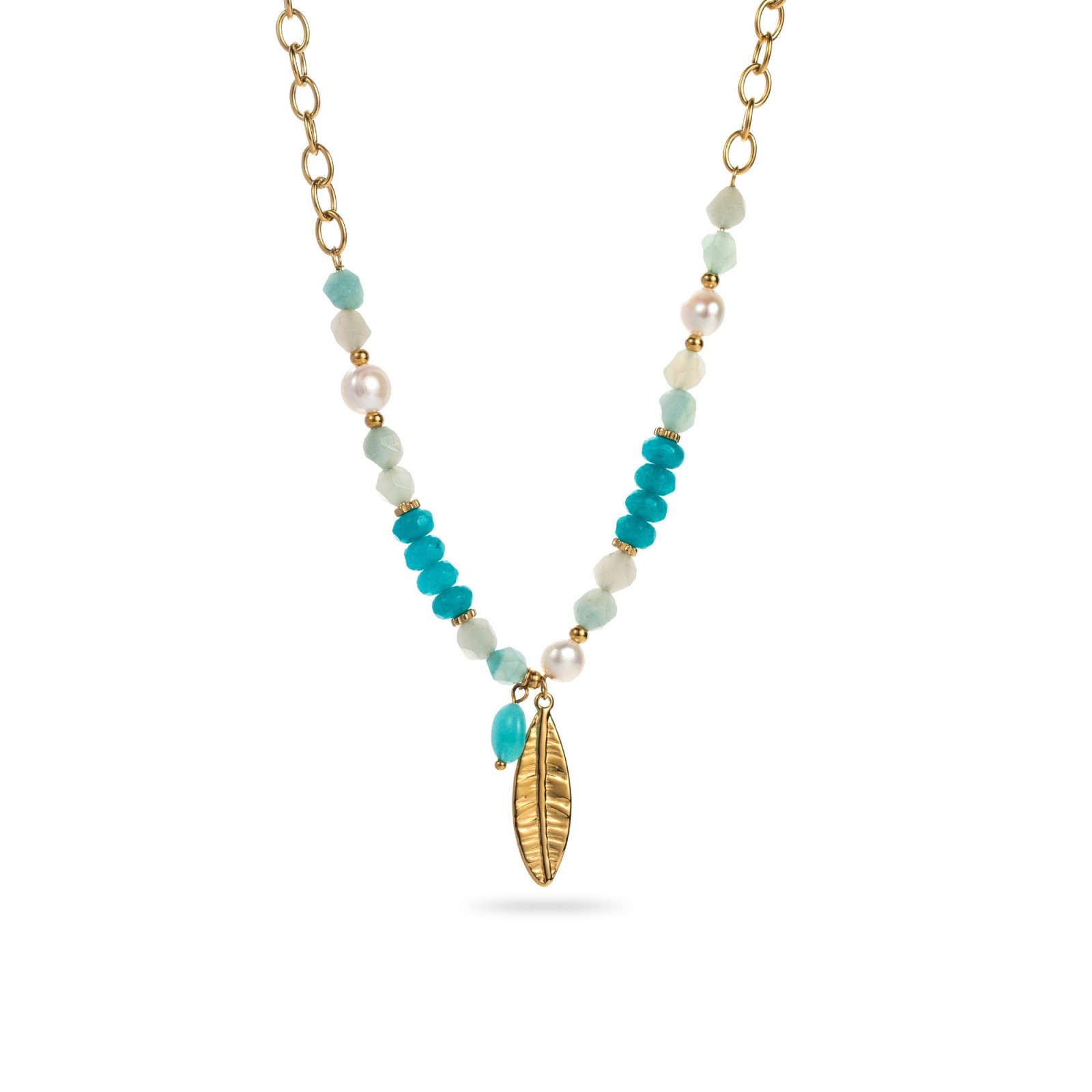 Collier Pendentif Plume avec Perles de Verre Couleur:Bleu