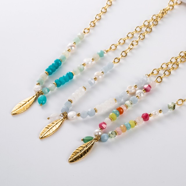 Feather Necklace with Colored Glass Pearls 