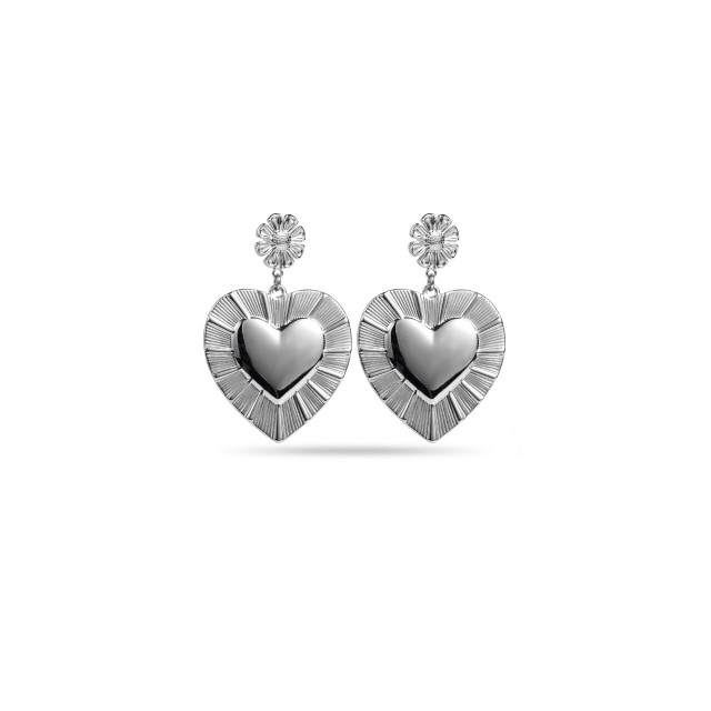 Boucles d'Oreilles Pendantes Fleur et Coeur Couleur:Argent