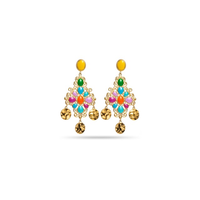 Colored Chandelier Earrings with Hammered Pendants Color:Multi-Color