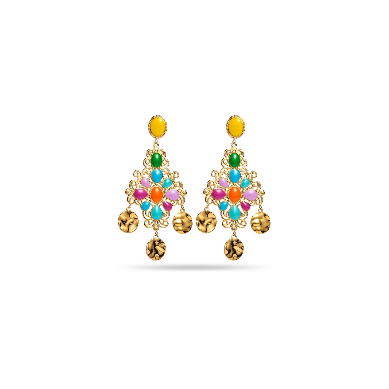 Colored Chandelier Earrings with Hammered Pendants Color:Multi-Color