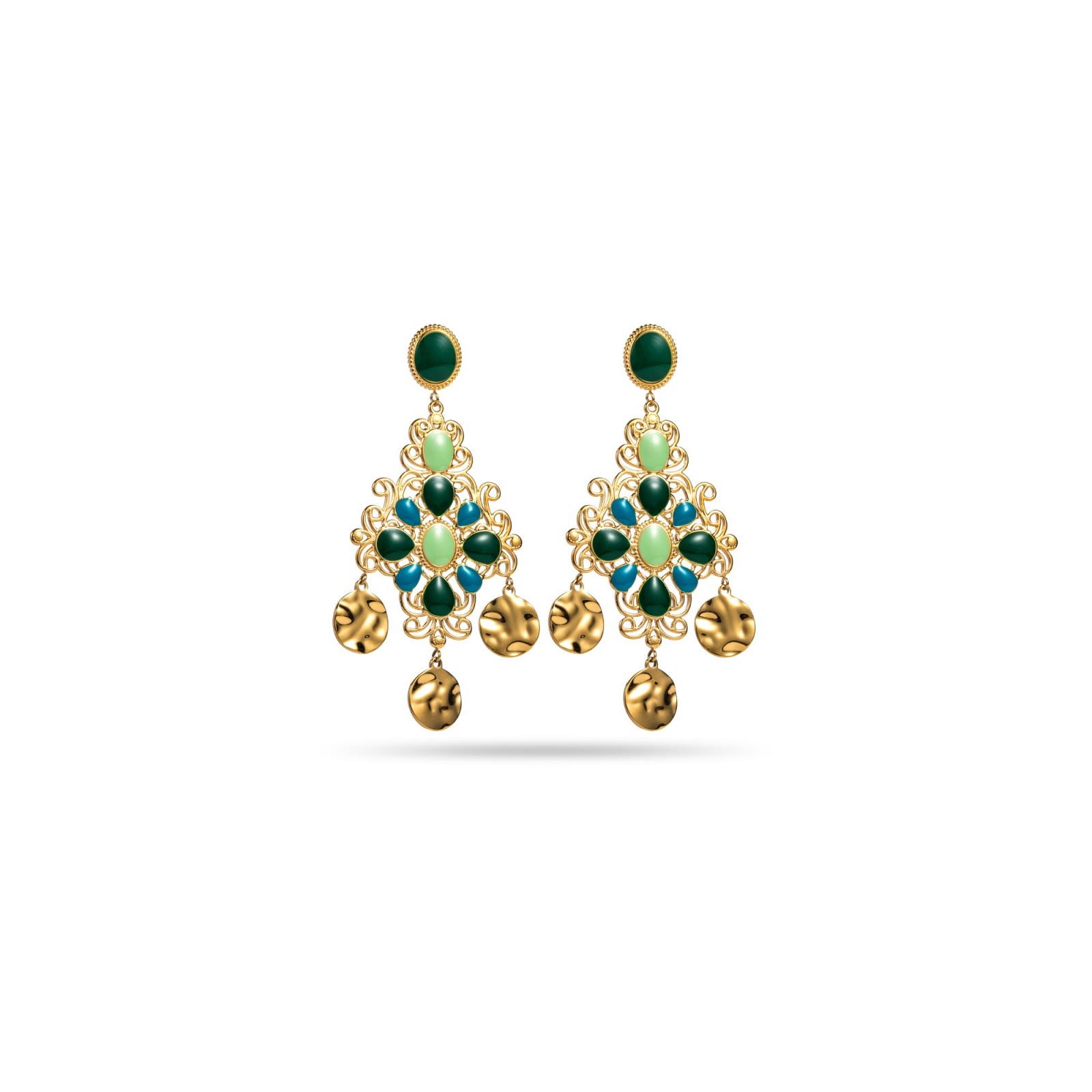 Colored Chandelier Earrings with Hammered Pendants Color:Green