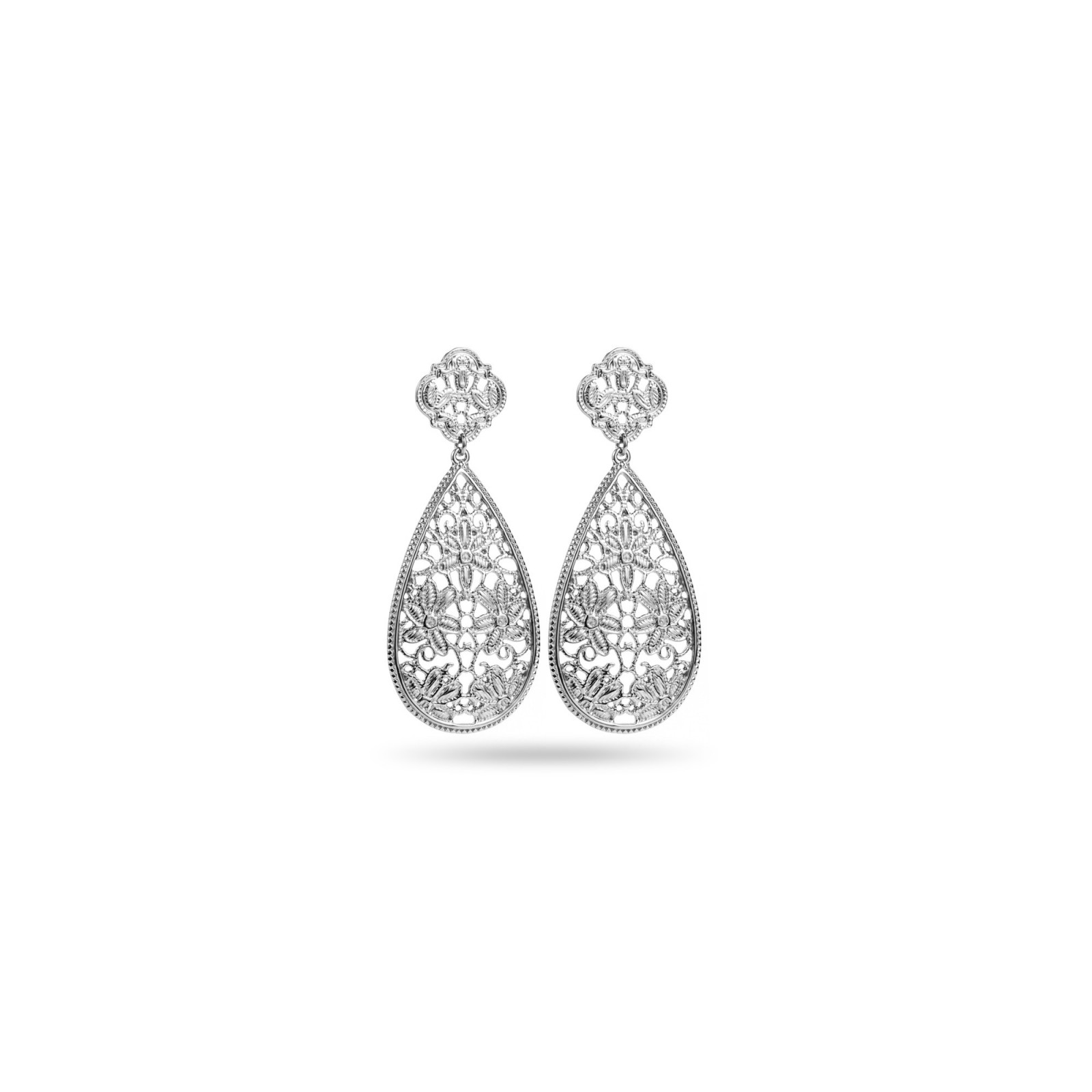 Oriental Earrings with Flower Details Color:Silver