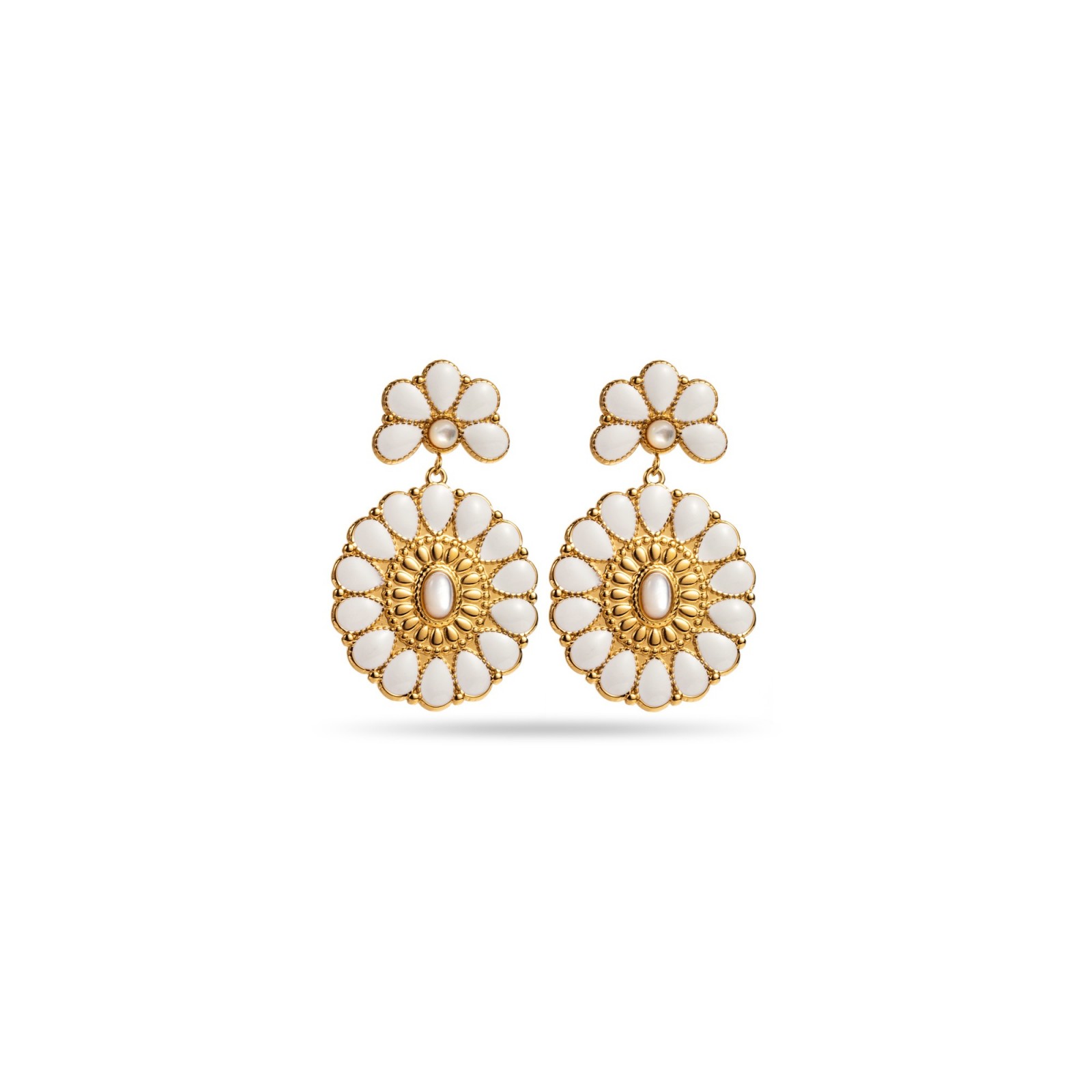 Coloured Floral Rosette Hanging Earrings Stone:Nacre