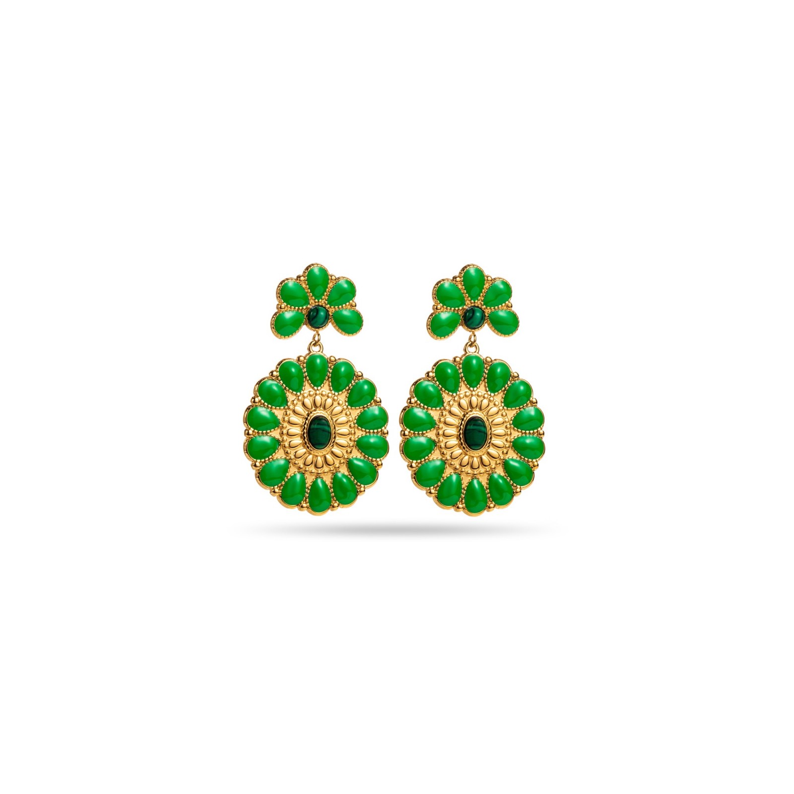 Coloured Floral Rosette Hanging Earrings Stone:Malachite