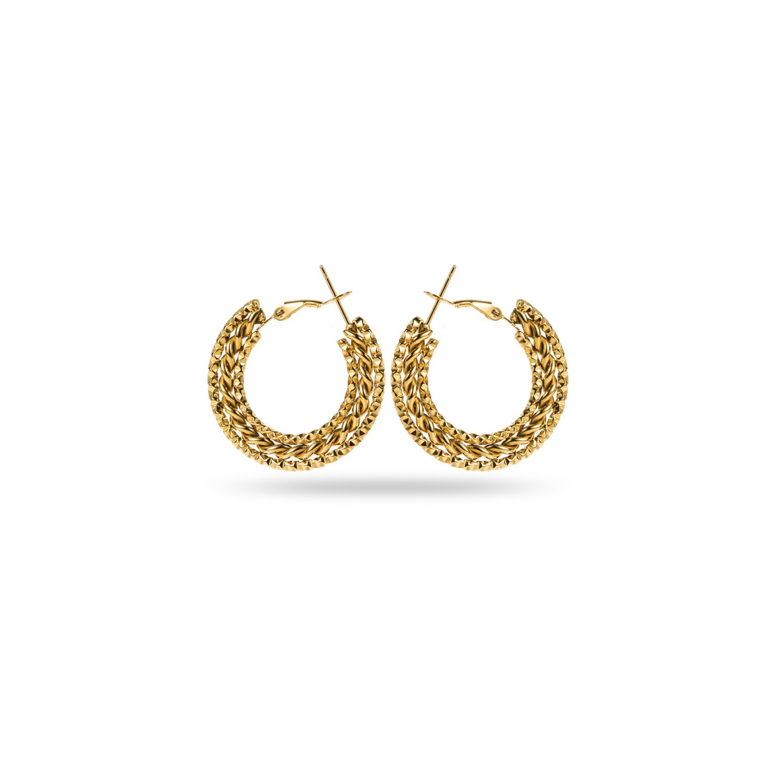 Triple Twisted and Chiselled Hoops Earrings Color:Gold