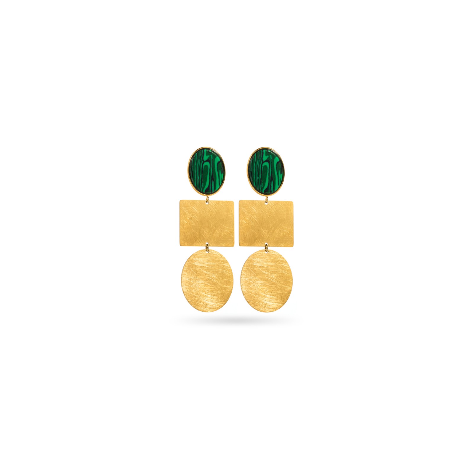 Brushed Geometric Shapes Earrings with Stone Stone:Malachite