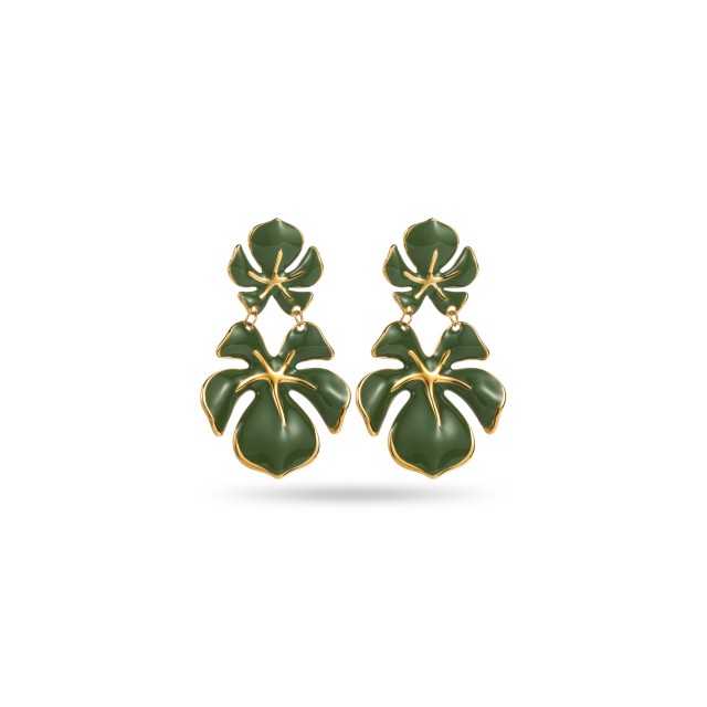 Boucles d'Oreilles Double Orchidée Colorée Couleur:Vert Kaki