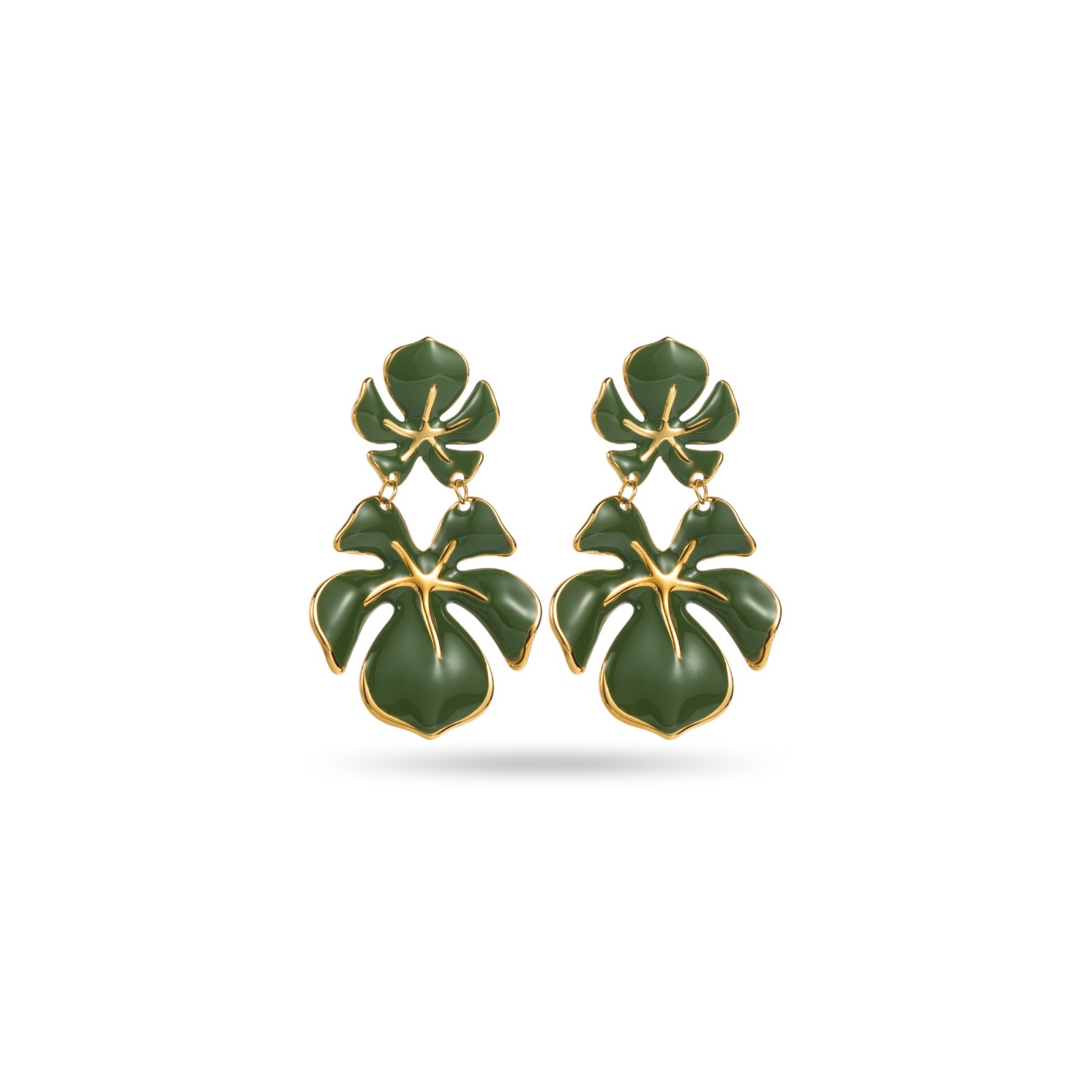 Boucles d'Oreilles Double Orchidée Colorée Couleur:Vert Kaki