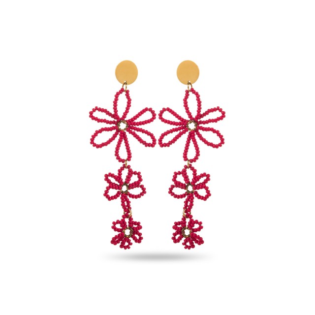 Pearled Flower Dangle Earrings Color:Red