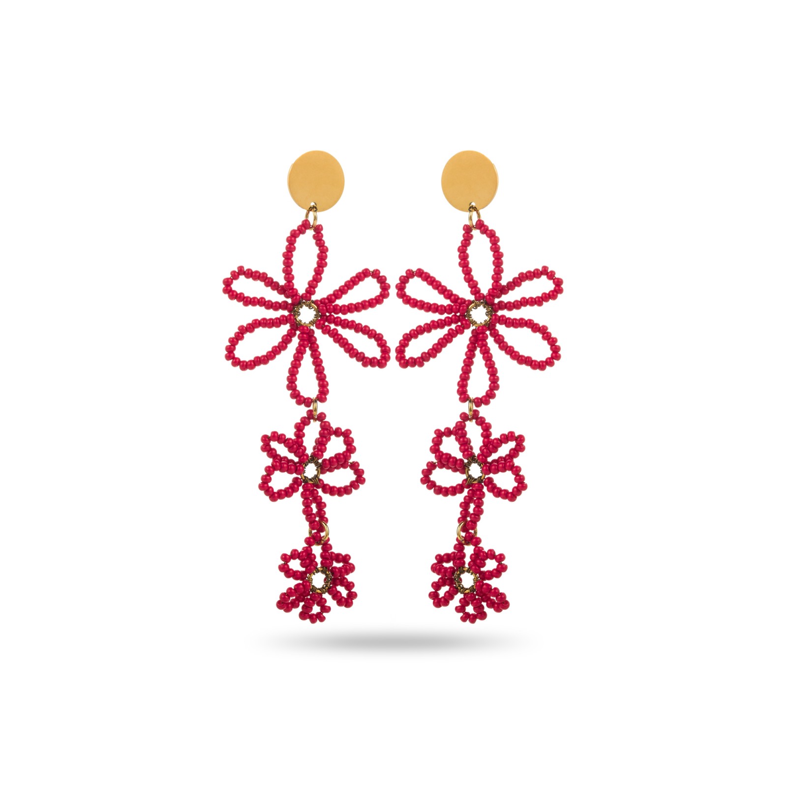 Pearled Flower Dangle Earrings Color:Red