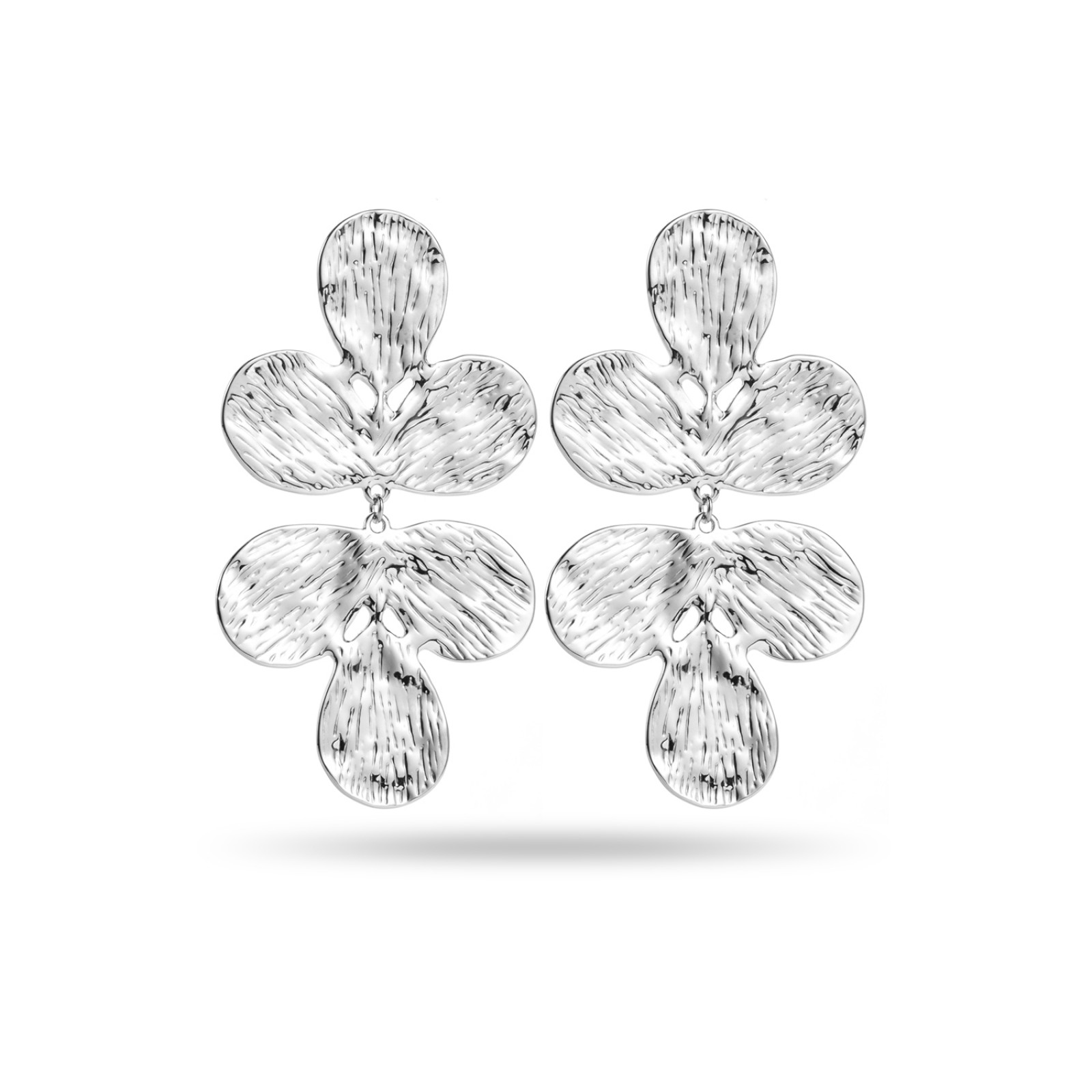 Boucles d'Oreilles Double Demi Fleurs Martelées Couleur:Argent