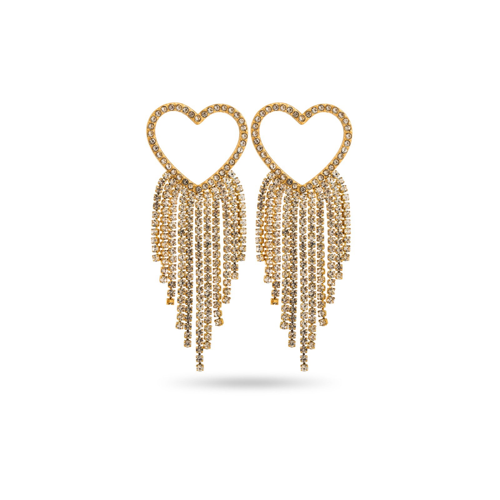 Heart Earrings with Cascading Strass Chains Color:Gold