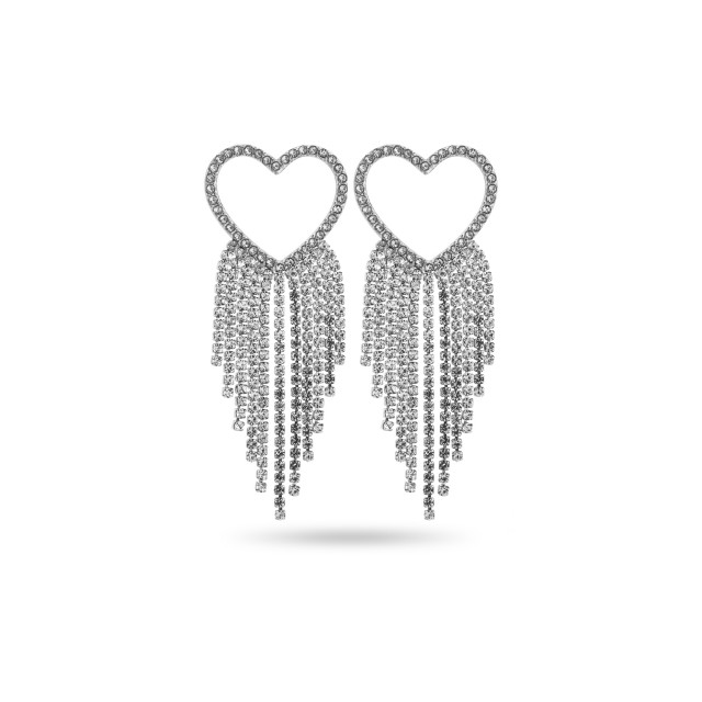 Heart Earrings with Cascading Strass Chains Color:Silver