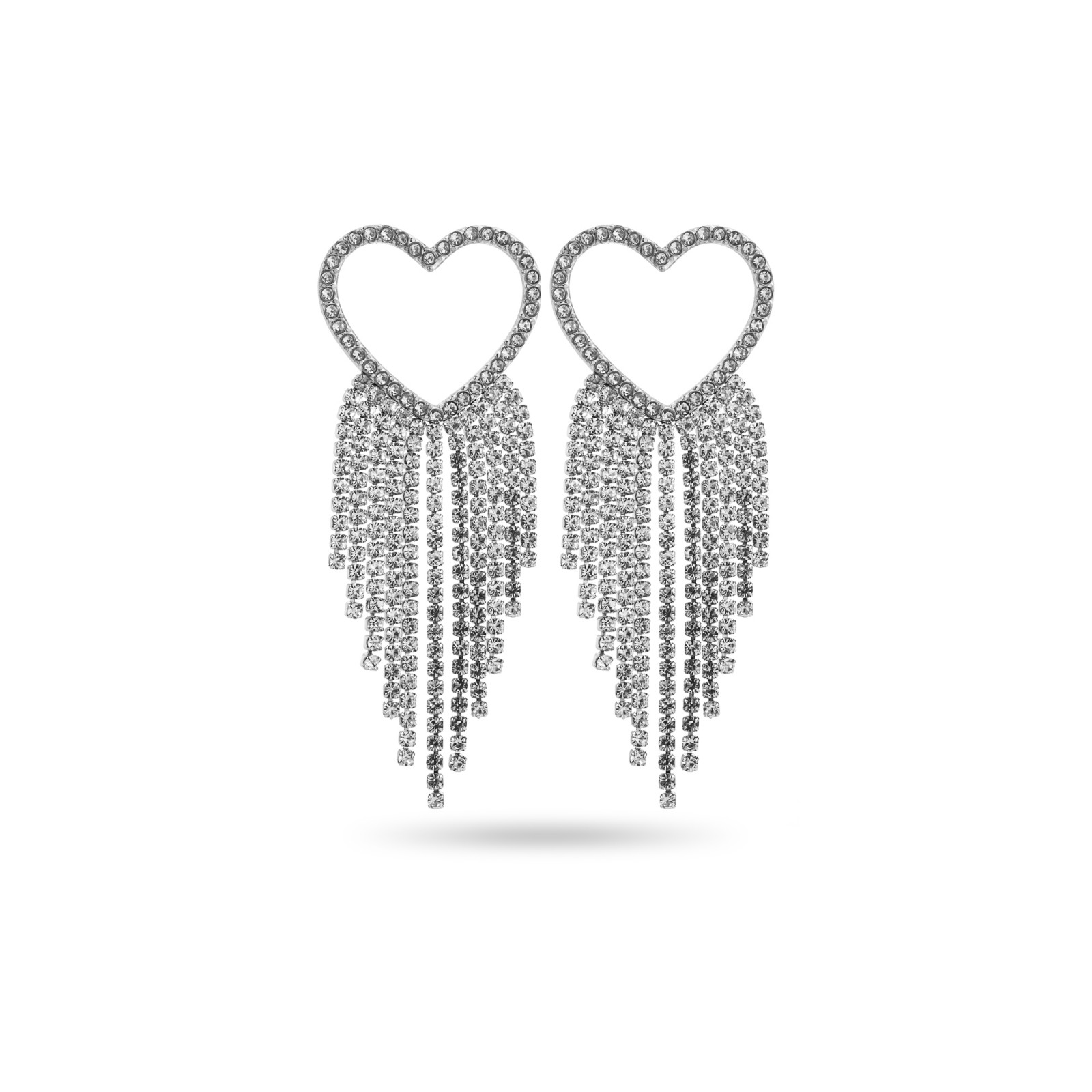 Heart Earrings with Cascading Strass Chains Color:Silver