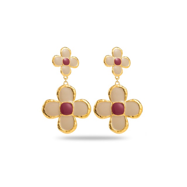 Colorful Double Clover Drop Earrings Color:Taupe