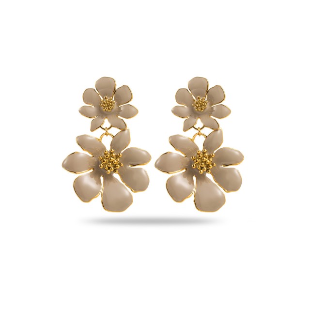 Double Flower Earrings with Pollen Heart Color:Taupe