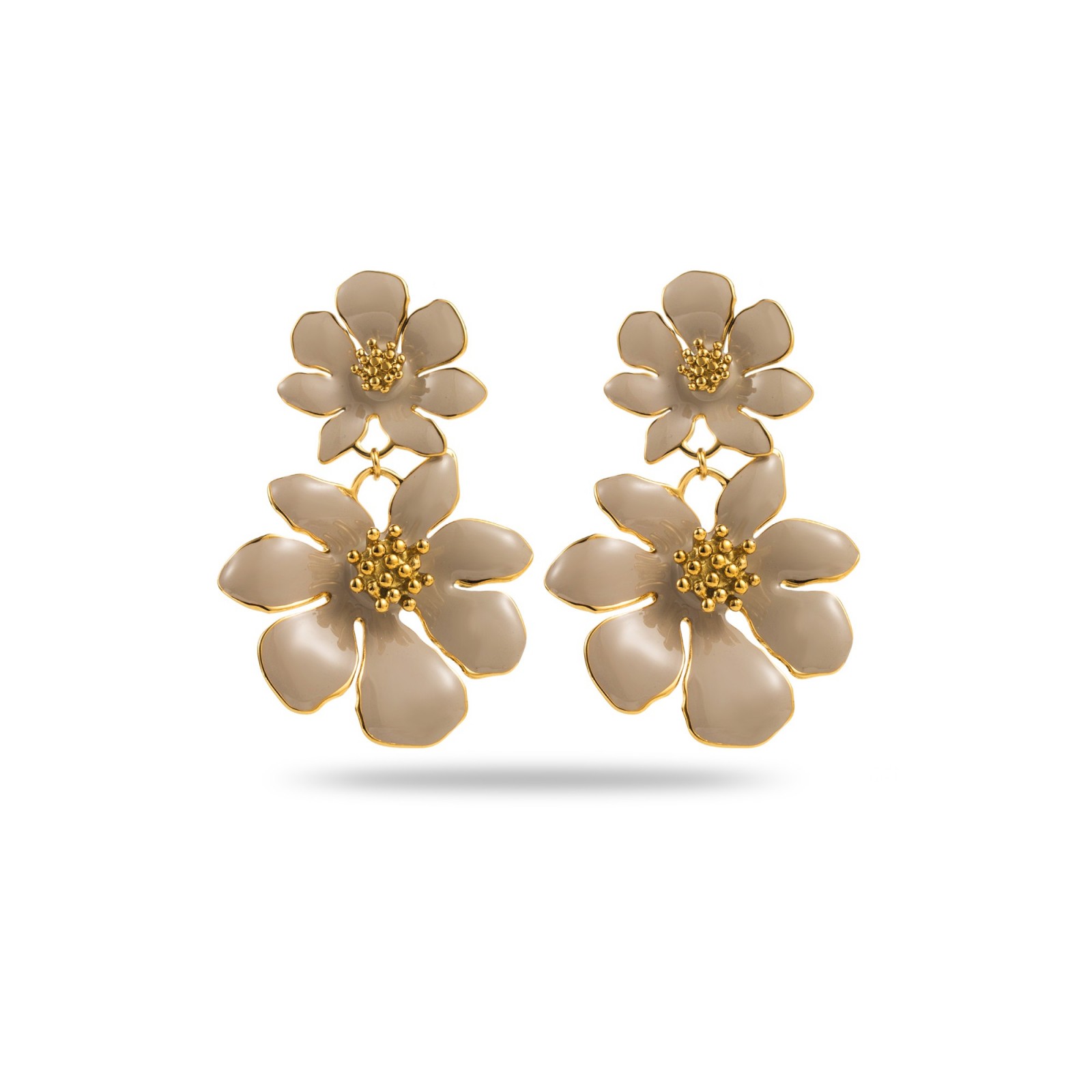 Double Flower Earrings with Pollen Heart Color:Taupe