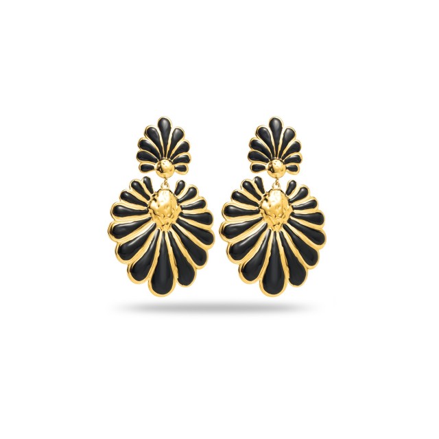 Double Flower Earrings with Deconstructed Colored Petals Color:Black