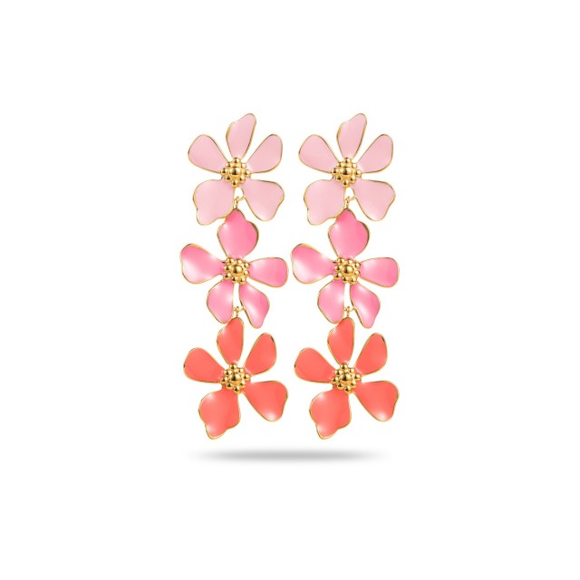 Boucles d'Oreilles Pendantes Trio de Fleurs Colorées Couleur:Multi-Rose