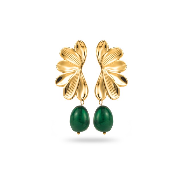 Half Flower Earrings with Colored Pearl Color:Green