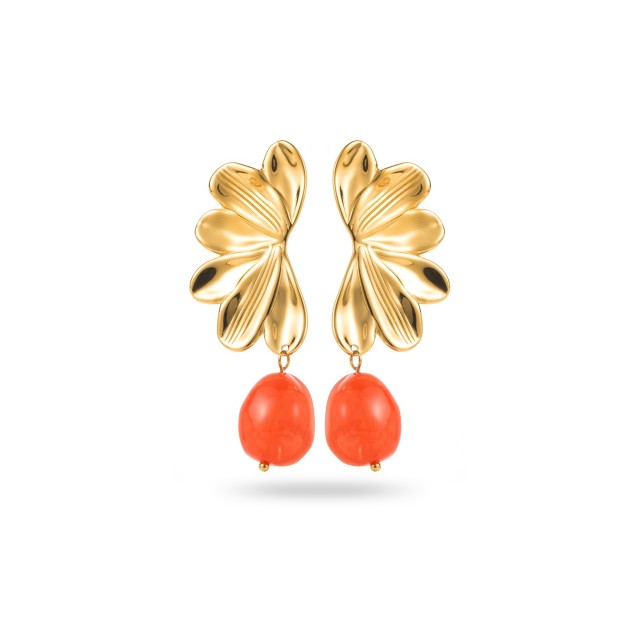 Half Flower Earrings with Colored Pearl Color:Orange