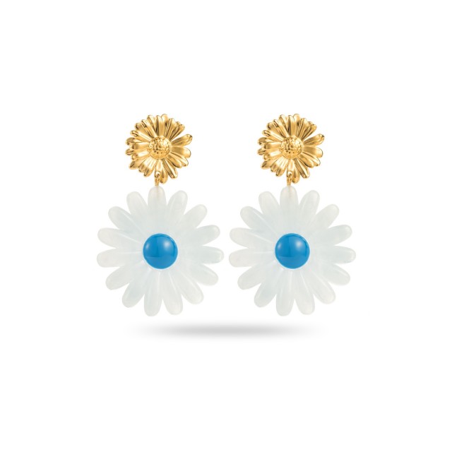 Double Marbled Daisy Earrings Color:Blue