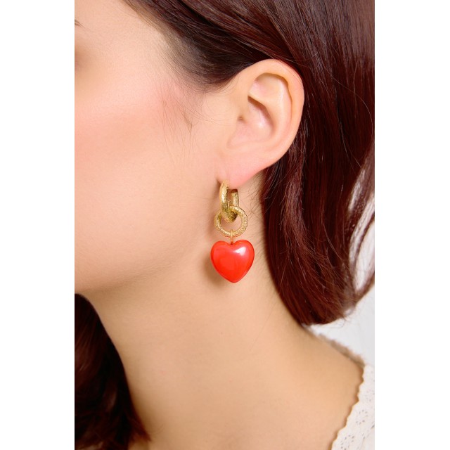 Boucles d'Oreilles Mini Créoles Martelées avec Coeur Coloré