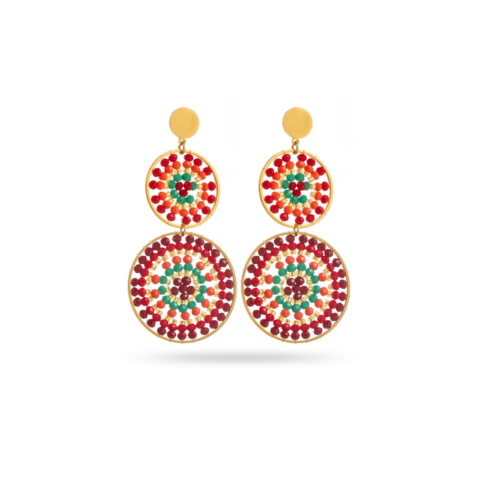 Boucles d'Oreilles Pendantes Triple Anneau avec Perles de Verre Colorées