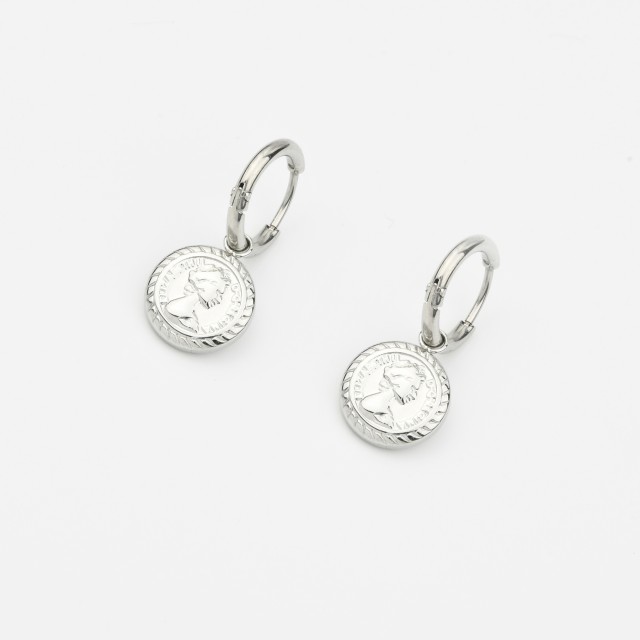 Boucles d'oreilles Mini Créoles à Médaillon Pièce de Monnaie Couleur:Argent