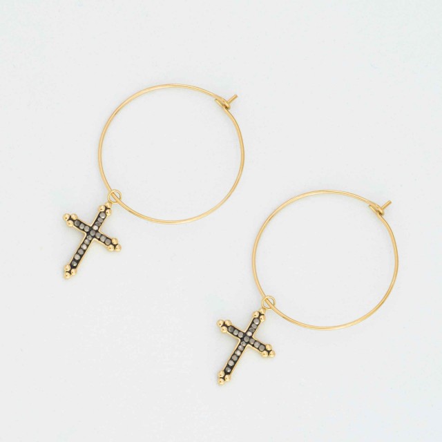 Boucles d'Oreilles Larges Créoles avec Croix en Strass Couleur:Noir